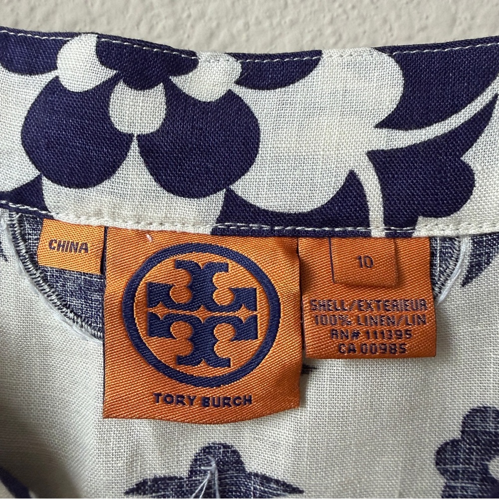 Tory Burch Navy White Floral Beaded Linen Blouse Size 10 - Picture 4 of 5